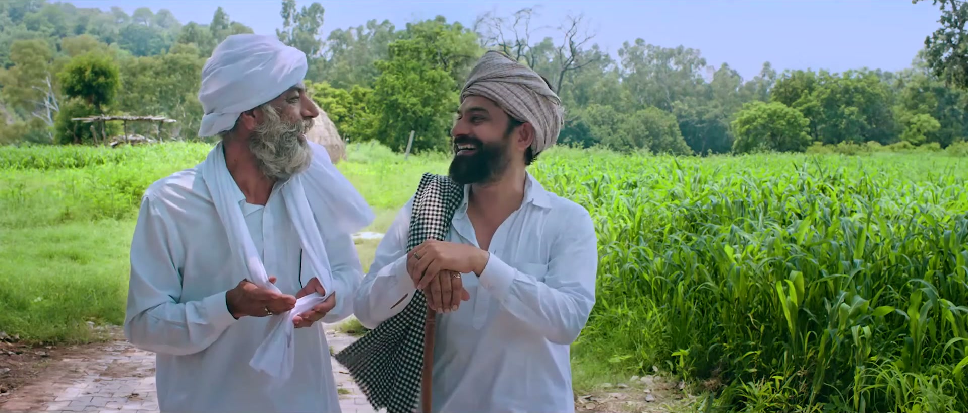 Two farmers talking in the green fields